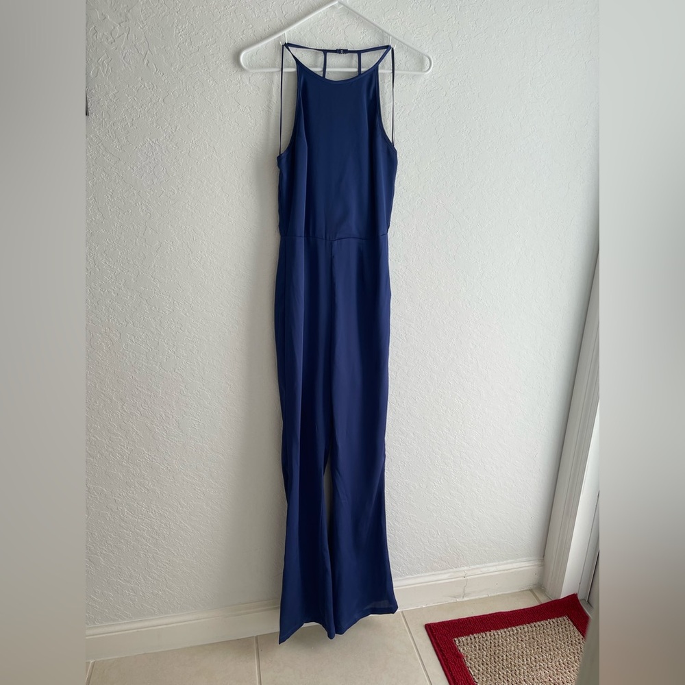 Blue Satin Sleeveless Jumpsuit